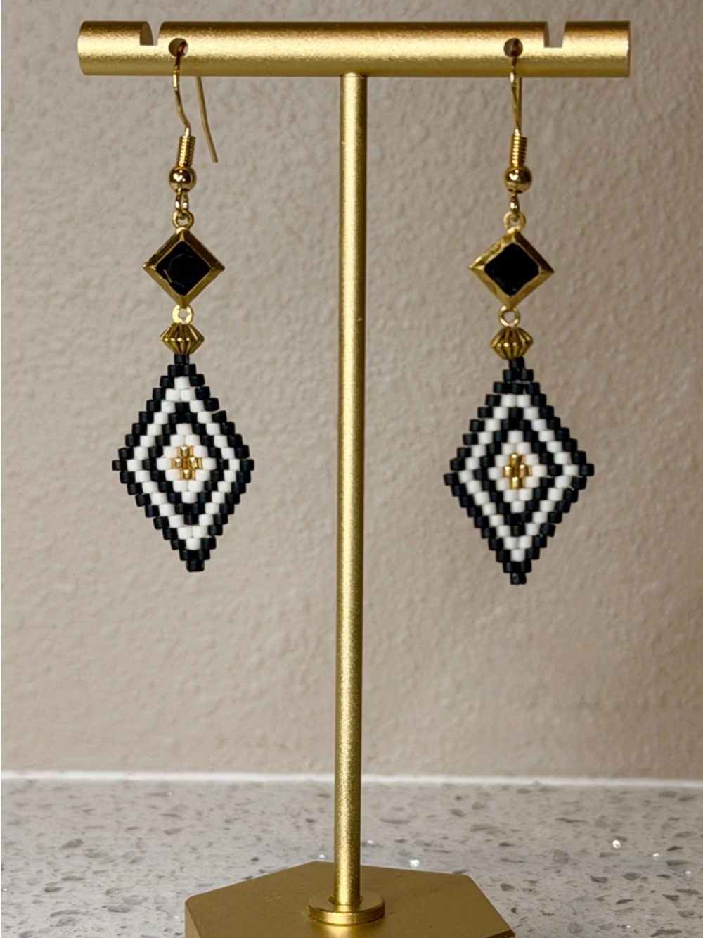 Art Deco Black & Gold Beaded Earrings | Geometric Statement Dangles - Picture 6 of 7